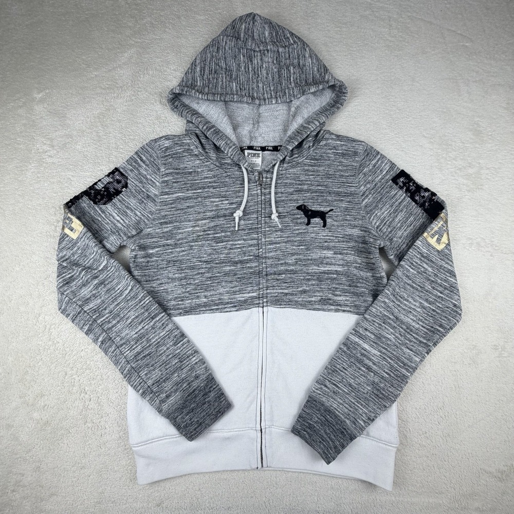 Victoria's Secret PINK Zip Hoodie Women's S Gray Colorblock Sequin Dog 86  RARE
